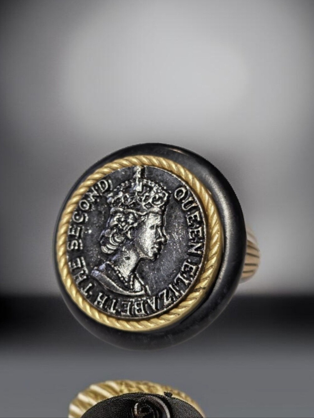 Matte Gold Plated Queen Elizabeth Chunky Coin Onyx Resin Ring